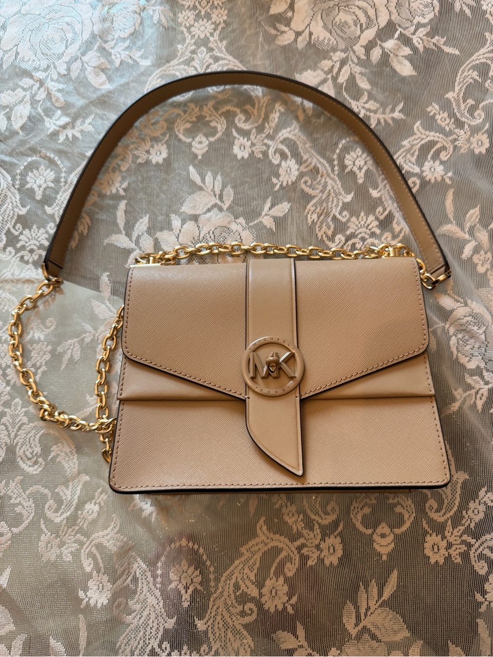 Michael Kors Camel Saffiano Leather Greenwich Crossbody Bag with Gold Chain